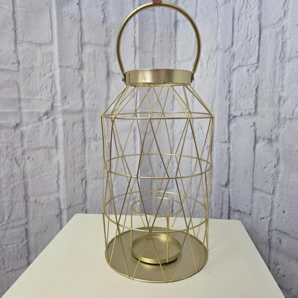 Pier 1 Gold Geometric Hanging Table Top Wire Metal Lantern Candle Holder
